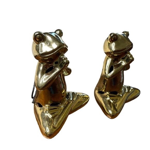 Gold Ceramic Frog Yoga Zen Figurine Statues Set 2 Praying Hands u - Picture 3 of 6